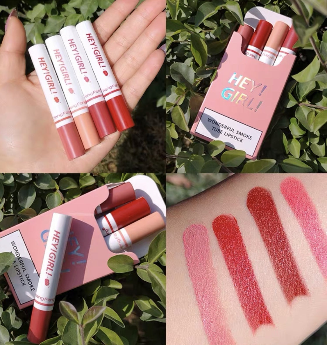 Long-Lasting Moisturizing Lipstick Set 4 Piece displayed with swatches on skin and packaging.