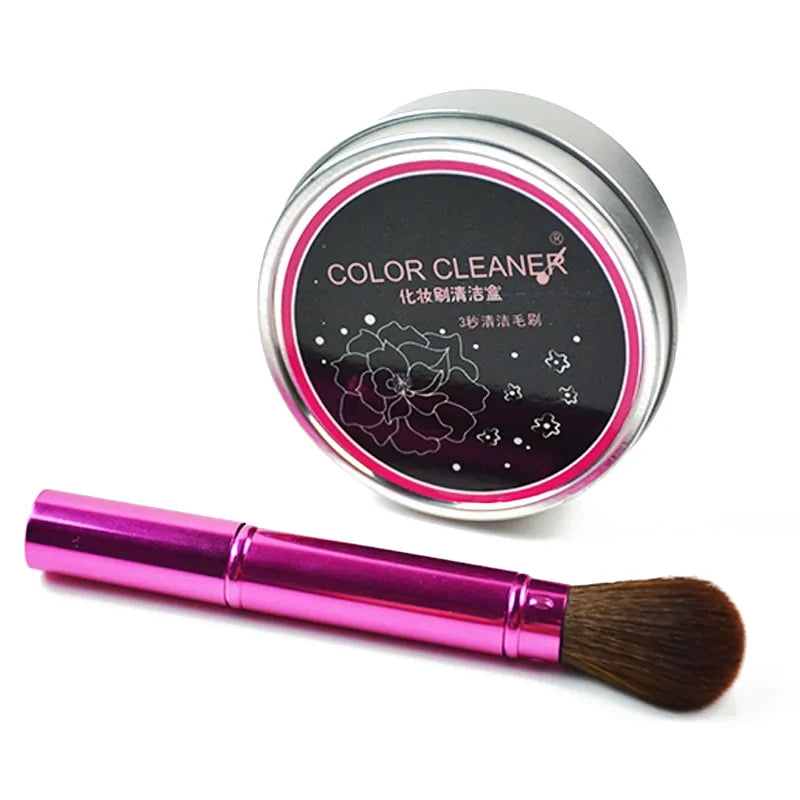 Silicone Makeup Brush Cleaner Mat Language with color cleaner tin and brush, perfect for hygienic makeup tool maintenance.